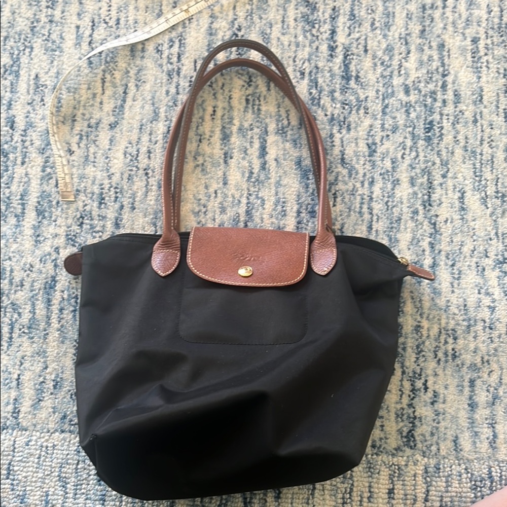 Longchamp Le Pliage Chic Black and Brown Tote with Leather Accents